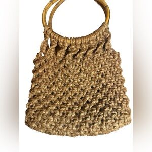 Boho Jute Macramé wood Ring‎ Handle Purse Bag Open Weave Tan Natural